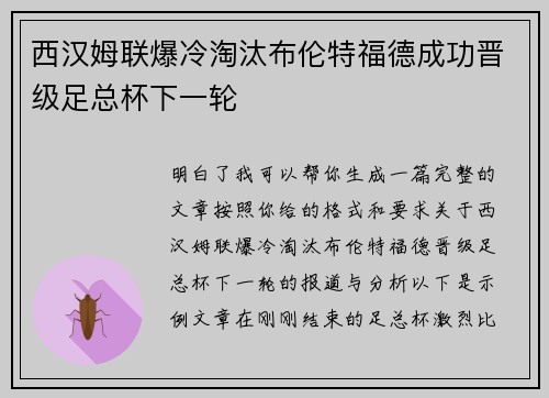 西汉姆联爆冷淘汰布伦特福德成功晋级足总杯下一轮